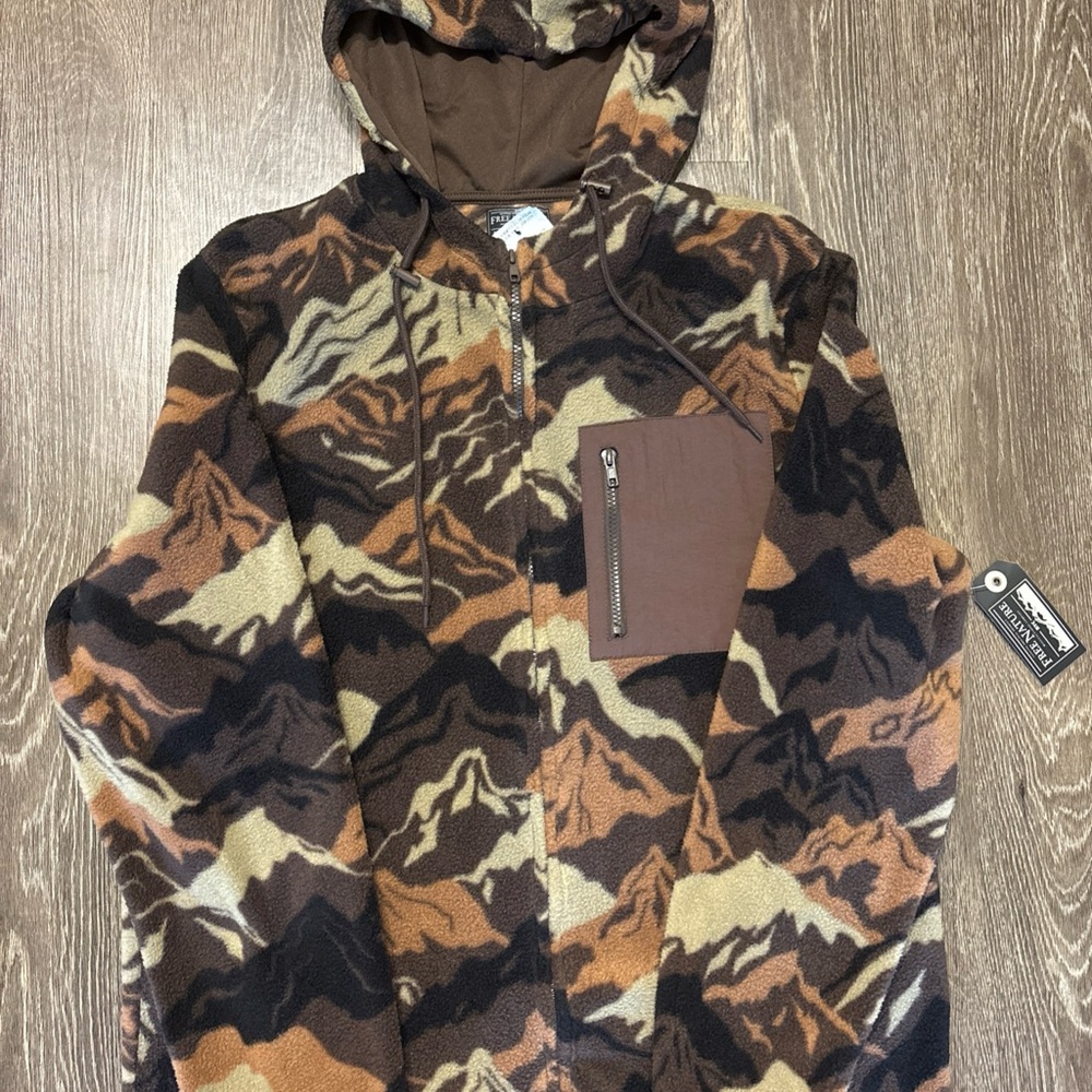 Camo Mountain Pattern Fleece Hoodie - Brown Multi, Size M